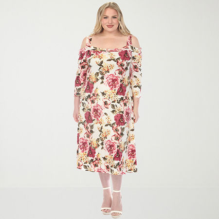 White Mark Womens Plus 3/4 Sleeve Midi Floral A-line Dress In Purple