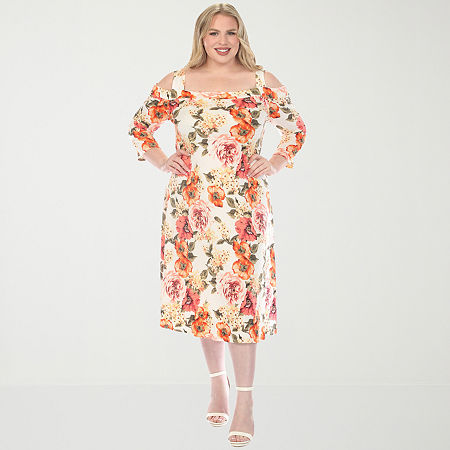 White Mark Womens Plus 3/4 Sleeve Midi Floral A-line Dress In Orange