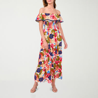 Sam And Jess Womens Off The Shoulder Short Sleeve Floral Maxi Dress