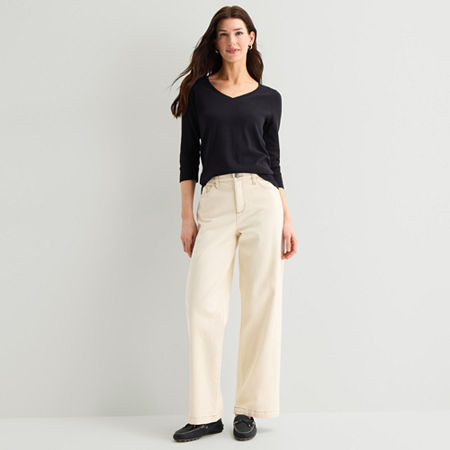 St. John's Bay Womens High Rise Stretch Fabric Wide Leg Jean, 16 Petite Short, Beige