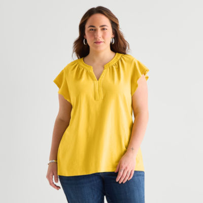 St. John's Bay Womens Plus Split Crew Neck Short Sleeve Blouse
