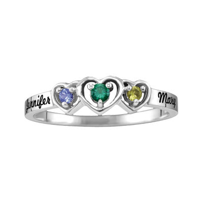 Personalized Womens Simulated Multi Color Stone Sterling Silver Heart 3-Stone Cocktail Ring