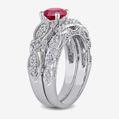 Modern Bride Gemstone Womens 1/10 CT. T.W. Lab Created Red Ruby 10K White Gold Bridal Set