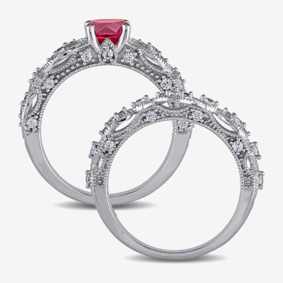 Modern Bride Gemstone Womens 1/10 CT. T.W. Lab Created Red Ruby 10K White Gold Bridal Set