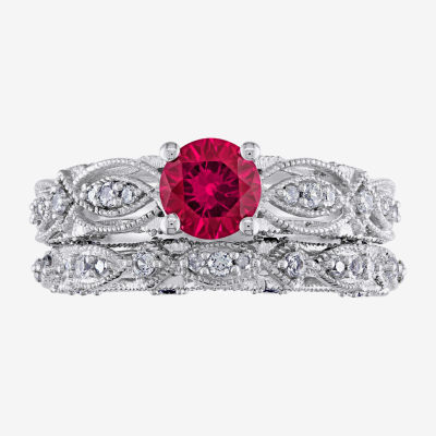 Modern Bride Gemstone Womens 1/10 CT. T.W. Lab Created Red Ruby 10K White Gold Bridal Set