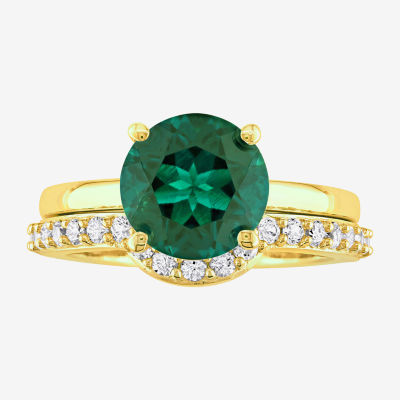 Modern Bride Gemstone Womens Lab Created Green Emerald 10K Gold Round Solitaire Bridal Set