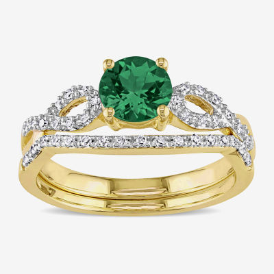 Modern Bride Gemstone Womens 1/7 CT. T.W. Lab Created Green Emerald 10K Gold Round Bridal Set