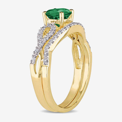 Modern Bride Gemstone Womens 1/7 CT. T.W. Lab Created Green Emerald 10K Gold Round Bridal Set