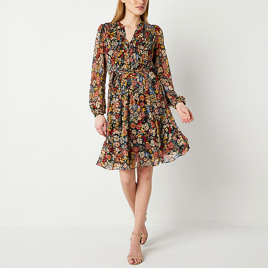 MSK Long Sleeve Floral Fit + Flare Dress, Color: Wine Black Multi ...