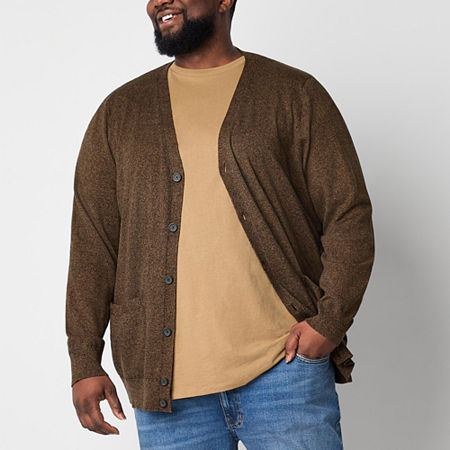 St. John's Bay Big and Tall Fine Gauge Mens V Neck Long Sleeve Cardigan, Medium Tall, Brown