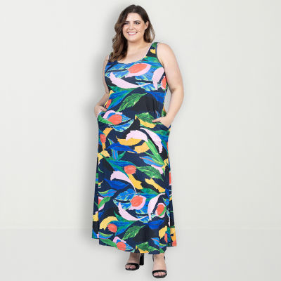 24seven Comfort Apparel Womens Plus Sleeveless Floral Maxi Dress