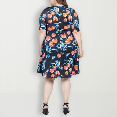 24seven Comfort Apparel Womens Elbow Sleeve Geometric A-Line Dress Plus