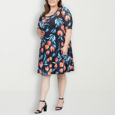 24seven Comfort Apparel Womens Elbow Sleeve Geometric A-Line Dress Plus