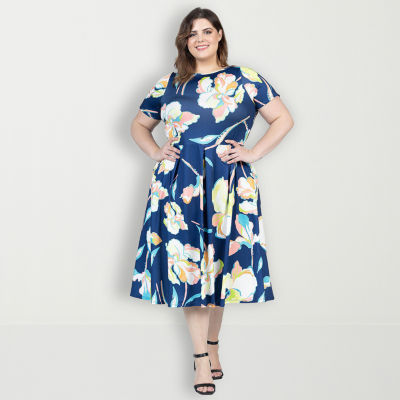 24seven Comfort Apparel Womens Short Sleeve Floral Plus Fit + Flare Dress