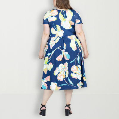 24seven Comfort Apparel Plus Short Sleeve Floral Fit + Flare Dress