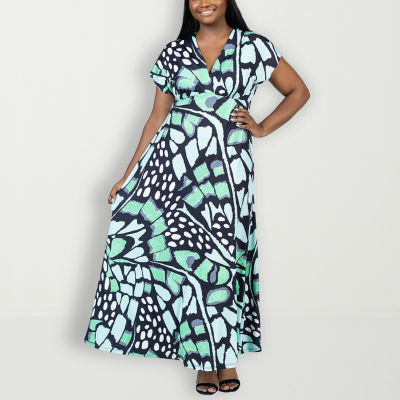 24seven Comfort Apparel Plus Short Sleeve Abstract Maxi Dress