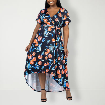 24seven Comfort Apparel Plus Short Sleeve Floral High-Low Wrap Dress