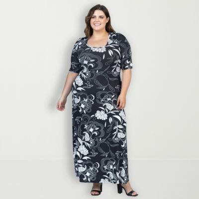 24seven Comfort Apparel Plus Elbow Sleeve Floral Maxi Dress