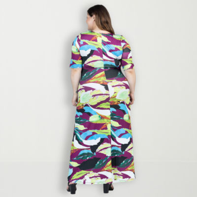 24seven Comfort Apparel Womens Plus Elbow Sleeve Floral Maxi Dress
