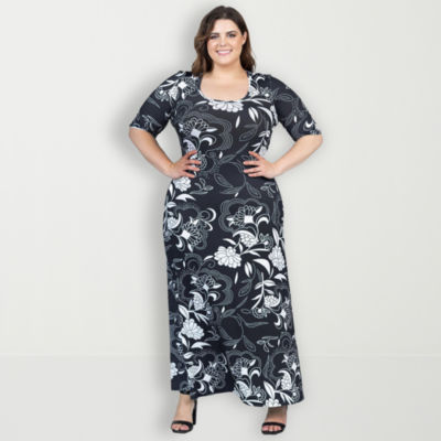 24seven Comfort Apparel Womens Elbow Sleeve Floral Maxi Dress Plus