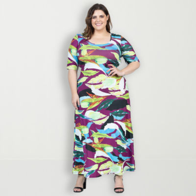 24seven Comfort Apparel Womens Elbow Sleeve Floral Plus Maxi Dress
