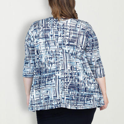24seven Comfort Apparel Womens Elbow Sleeve Open Front Plus Geometric Cardigan