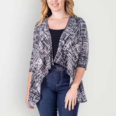 24seven Comfort Apparel Womens Elbow Sleeve Open Front Geometric Cardigan