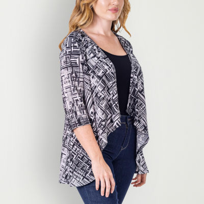 24seven Comfort Apparel Womens Elbow Sleeve Open Front Geometric Cardigan