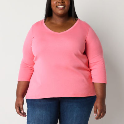 St. John's Bay Womens Easy-on + Easy-off V Neck 3/4 Sleeve Adaptive Plus T-Shirt