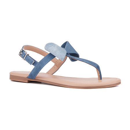 New York & Company Womens Abril T-Strap Flat Sandals, 8 Medium, Blue