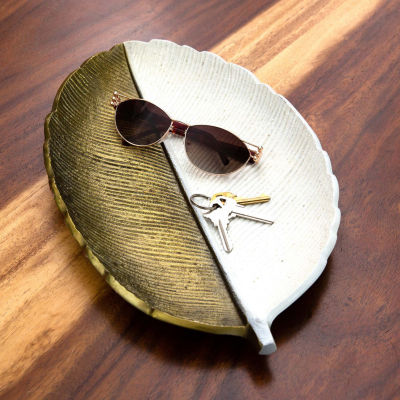 Nearly Natural "14"" Gold And White Leaf" Decorative Tray