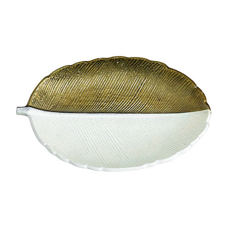 Nearly Natural 14 Gold And White Leaf Decorative Tray, One Size, Yellow