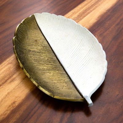 Nearly Natural 14" Gold And White Leaf Decorative Tray