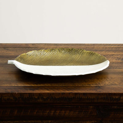 Nearly Natural 14" Gold And White Leaf Decorative Tray