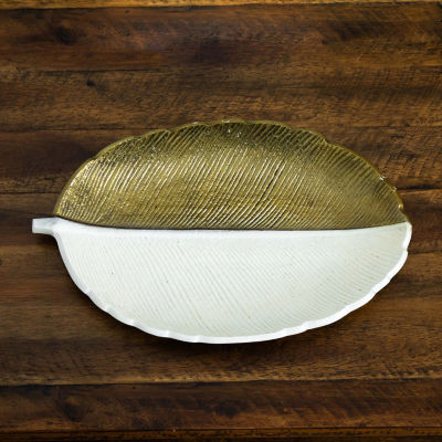 Nearly Natural "14"" Gold And White Leaf" Decorative Tray