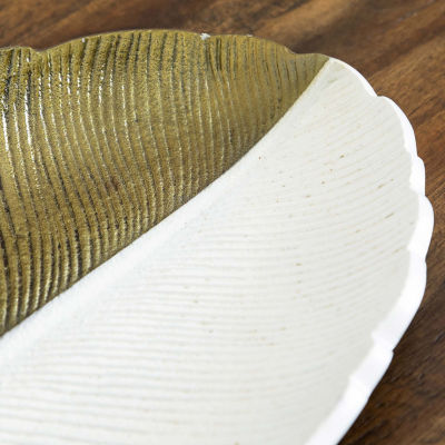 Nearly Natural "14"" Gold And White Leaf" Decorative Tray