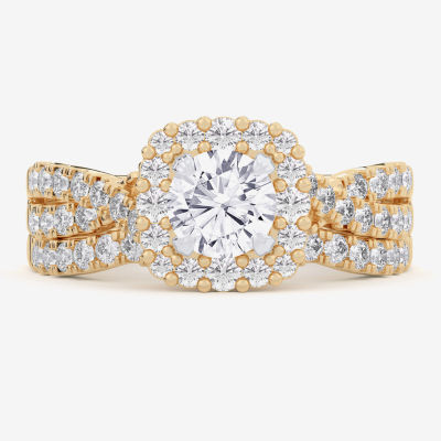 (G-H / Si1-Si2) Womens Lab Grown White Diamond 10K Gold Round Side Stone Halo Bridal Set
