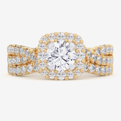 (G-H / Si1-Si2) Womens Lab Grown White Diamond 10K Gold Side Stone Halo Bridal Set