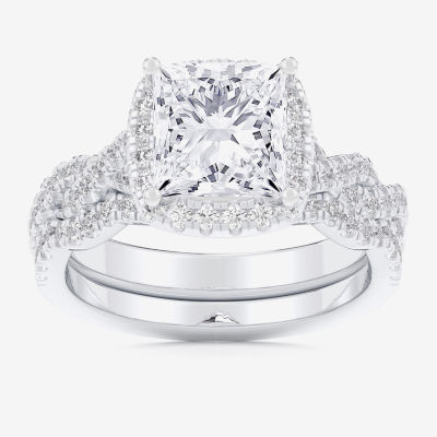 (G-H / Si1-Si2) Womens 1 1/2 CT. T.W. Lab Grown White Diamond 14K Rose Gold Side Stone Halo Bridal Set