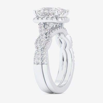 (G-H / Si1-Si2) Womens 1 1/2 CT. T.W. Lab Grown White Diamond 14K Rose Gold Side Stone Halo Bridal Set