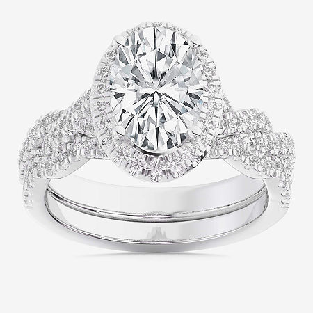Modern Bride (g-h / Si1-si2) Womens 1 1/2 Ct. T.w. Lab Grown White Diamond 14k White Gold Oval Side Stone Halo Br In Silver