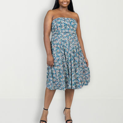 24seven Comfort Apparel Plus Sleeveless Floral Midi Fit + Flare Dress