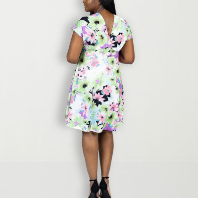 24seven Comfort Apparel Womens Short Sleeve Floral Plus A-Line Dress