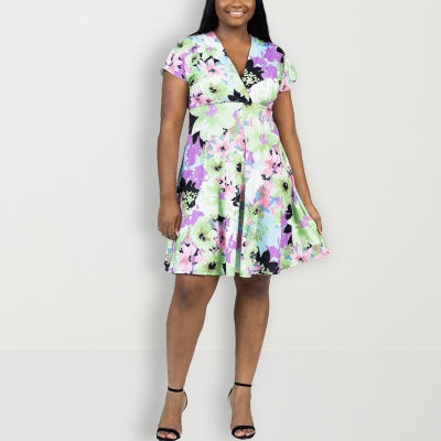 24seven Comfort Apparel Short Sleeve Floral A-Line Dress Plus