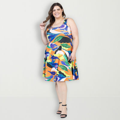 24seven Comfort Apparel Womens Sleeveless Floral Plus A-Line Dress