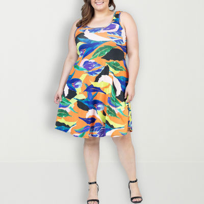 24seven Comfort Apparel Womens Sleeveless Floral Plus A-Line Dress