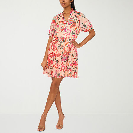 MSK Womens Short Sleeve Floral Fit + Flare Dress, Medium, White
