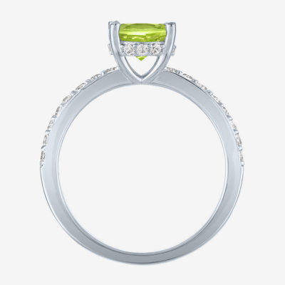 Womens Genuine Green Peridot Sterling Silver Oval Side Stone Cocktail Ring