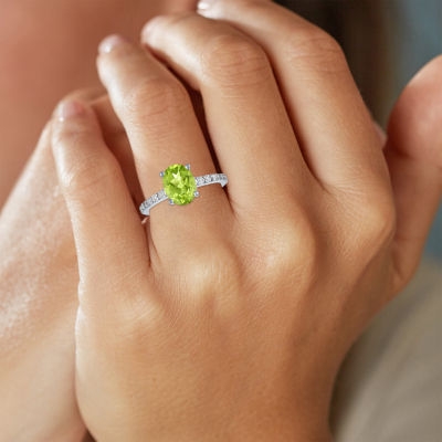 Womens Genuine Green Peridot Sterling Silver Oval Side Stone Cocktail Ring