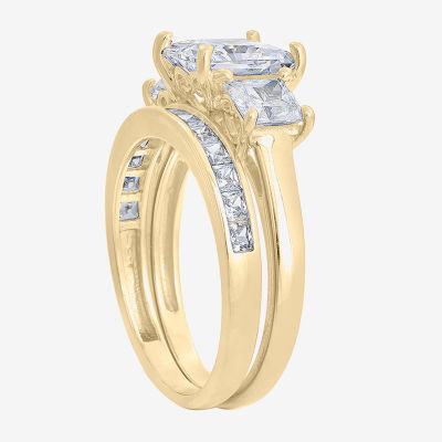 Diamonart Womens Cubic Zirconia 14K Gold Over Silver 3-Stone Bridal Set